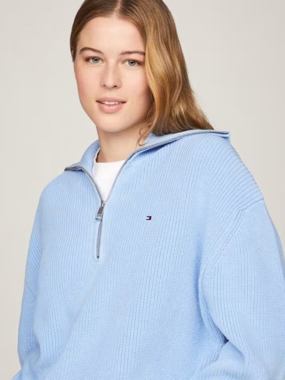 Tommy Hilfiger Half-Zip Jumper Ribbed Knit Cropped Sweater Light Blue Women's XS